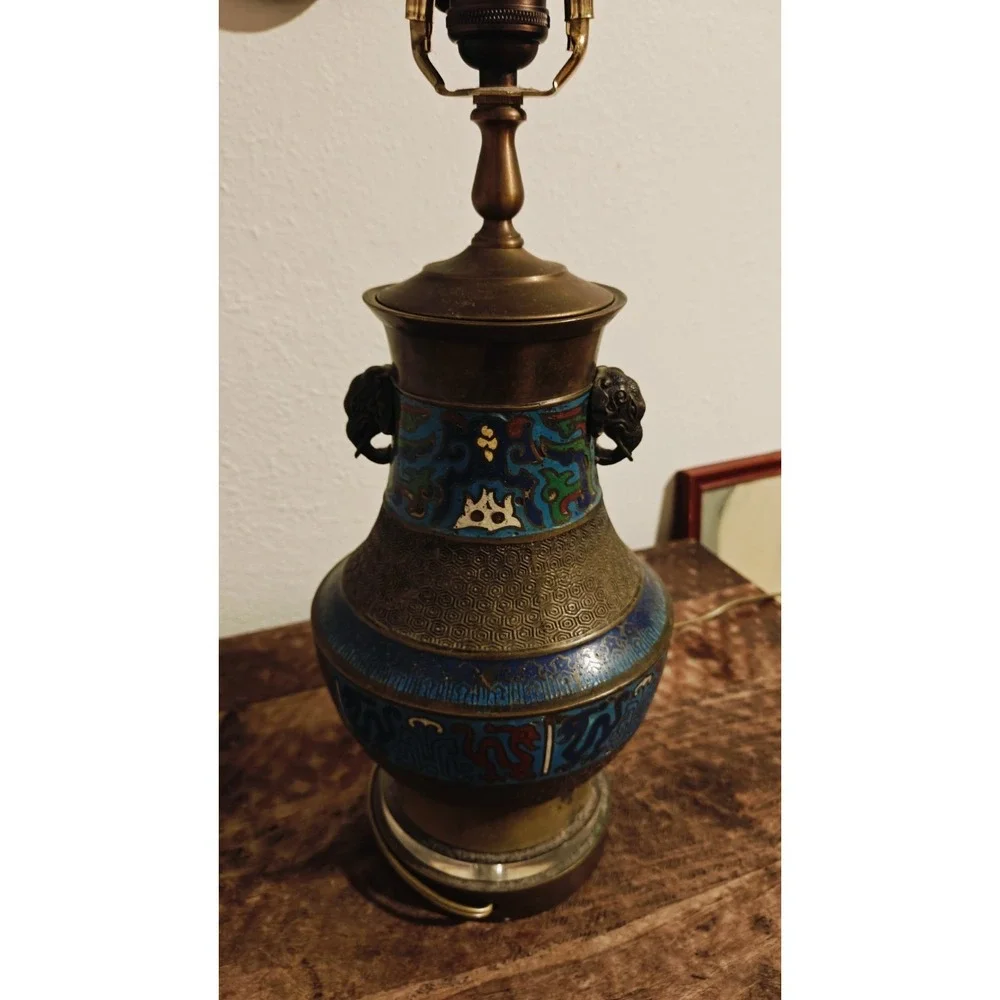 Vintage Japanese Champleve Bronze Enamel Cloisonne Table Lamp Works!